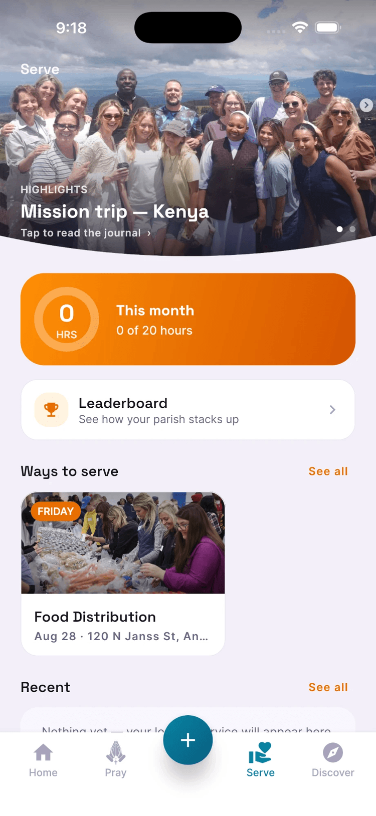 The Serve tab: monthly hours ring, leaderboard, and ways to serve